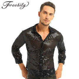 Men Shiny Sequins Shirt Long Sleeve Button Down Disco Party Shirt Night Clubwear Prom Dance Performance Tops Halloween Costumes
