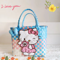 Sanrio Hello Kitty Handmade Limited Edition Sea Salt Blue College Style Kitty Cat Woven Bag For Girls Y2k Handbag Periphery D