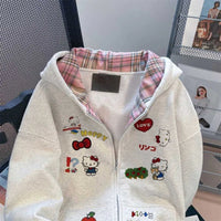 Sanrio Hello Kitty Plaid Hooded Sweatshirt Kawaii Women's Couple Zipper Jacket Cartoon Anime Accessories Breathable Sportswear