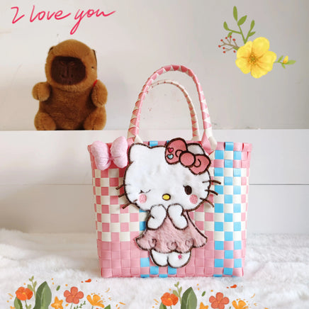 Sanrio Hello Kitty Handmade Limited Edition Sea Salt Blue College Style Kitty Cat Woven Bag For Girls Y2k Handbag Periphery E