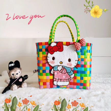 Sanrio Hello Kitty Handmade Limited Edition Sea Salt Blue College Style Kitty Cat Woven Bag For Girls Y2k Handbag Periphery A