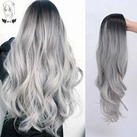 Long Black to Gray Cosplay Wigs Halloween Costumes Women White Long Wavy Womans Color Synthetic Hairs Natural Party Wigs blackgray 24inches 1pc