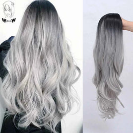 Long Black to Gray Cosplay Wigs Halloween Costumes Women White Long Wavy Womans Color Synthetic Hairs Natural Party Wigs blackgray 24inches 1pc