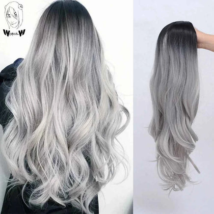 Long Black to Gray Cosplay Wigs Halloween Costumes Women White Long Wavy Womans Color Synthetic Hairs Natural Party Wigs blackgray 24inches 1pc