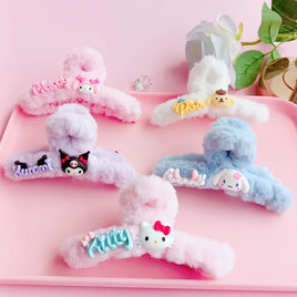Kawaii Hello Kitty Hairpin Clasp Plush Kuromi Cinnamoroll Autumn Winter Anime Figure Ponytail Curled Hair Accesories Gift