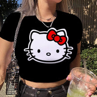 Hello Kitty Sweet Short Sleeve Women Casual T Shirts Basic O Neck Crop Top 4