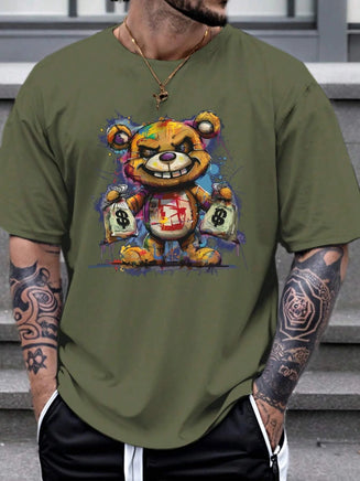 Men's 100% cotton summer loose size Cartoon Bear Pattern printed slim fit casual sports round neck short sleeved T-shirt top A0433-Bear-jun lv