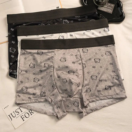 Men Hello Kitty Underwear Kawaii Student Cartoon Ice Silk No Trace Summer Printing Loose Four Corners Boxer Pants Briefs Gift