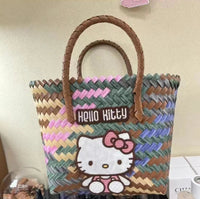 Sanrio Hello Kitty Cartoon Cute Woven Handbag Creative Kawaii Girls' Storage Bag Holiday Travel Beach Bag Gift Wholesale Hello Kitty B