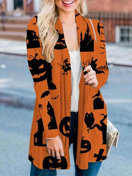 plus Size Women's Halloween Costume Pumpkin Graphic Cardigan Pullover Open Front Button Sweater Outerwear for Autumn Orange