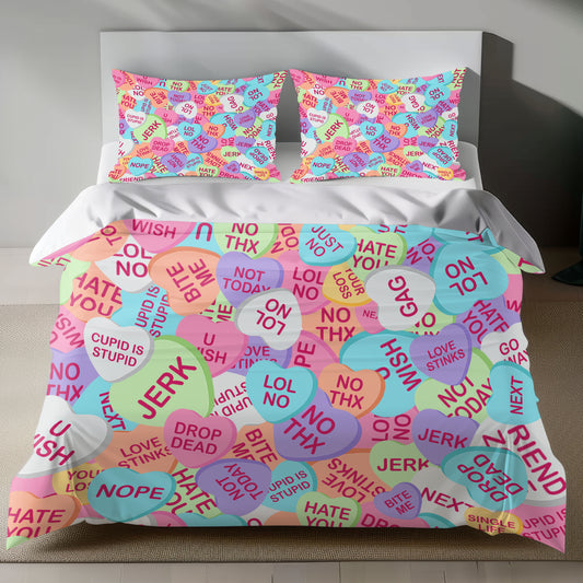 Sarcastic Candy Heart Linen Bedding Set with Playful Messages