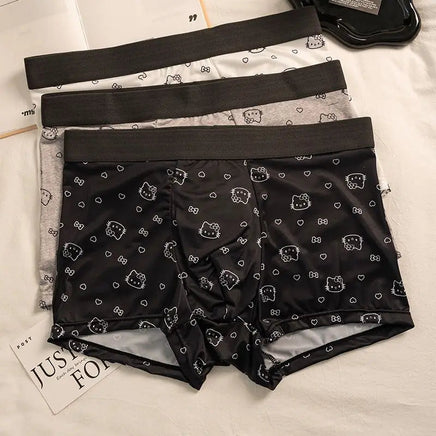 Men Hello Kitty Underwear Kawaii Student Cartoon Ice Silk No Trace Summer Printing Loose Four Corners Boxer Pants Briefs Gift