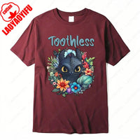 How To Train Your Dragon Toothless Floral Cotton T-Shirt Fashion Cartoon Anime Graphic Tshirt Funny Kawaii Men Woman Casual Tee Wu-wine red-07