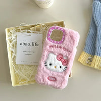 Cute Sanrio Hello Kitty Furry Plush Phone Case for iPhone 16 15 14 13 12 Pro Max