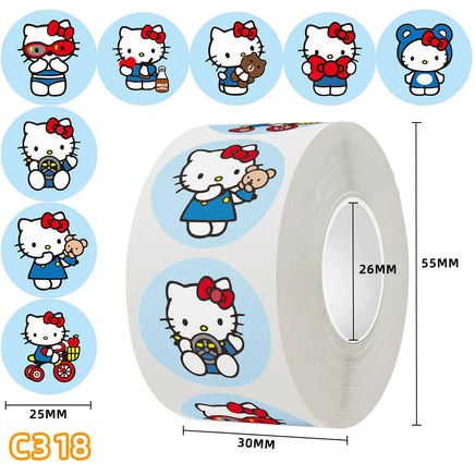 500Pcs/roll New Kawaii Sanrio Sticker Cute Cinnamoroll Kuromi Hello Kitty Cartoon Kids Reward Stickers Gift Decor Decals Toys Hello Kitty