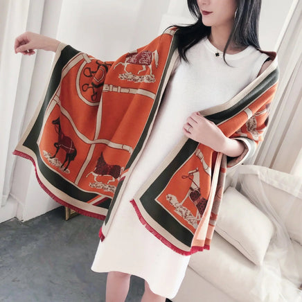 Throw Blanket Luxury Winter Cashmere Scarf Women Design Warm Blanket Horse Scarves Female Shawl Wraps Poncho Feminino Inverno Lusy Store