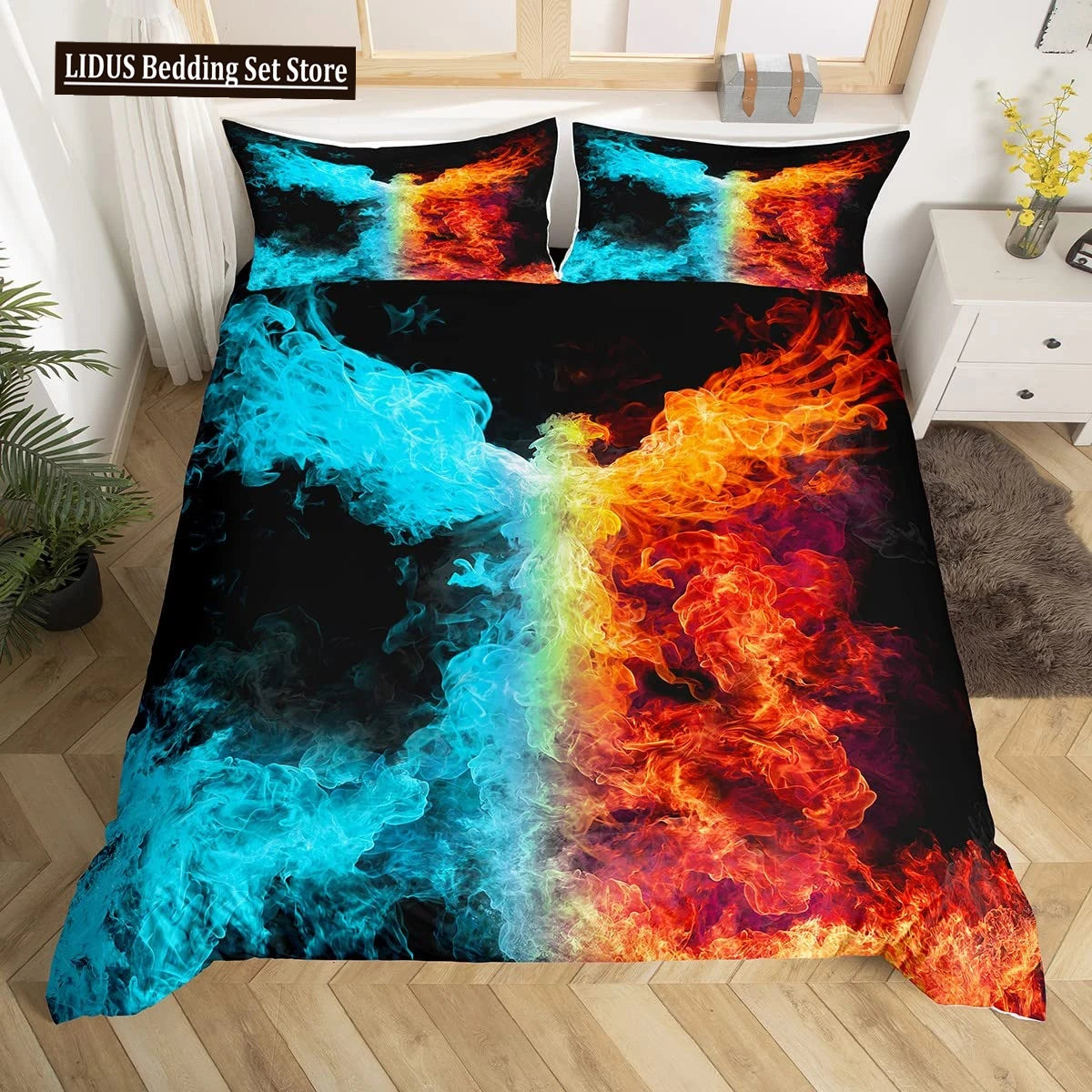 Dragon And Phoenix Duvet Cover Set Full Queen Size, Fantasy World Monster Gothic Bedding Sets Bohemian Mandala Comforter Cover Lusy Store