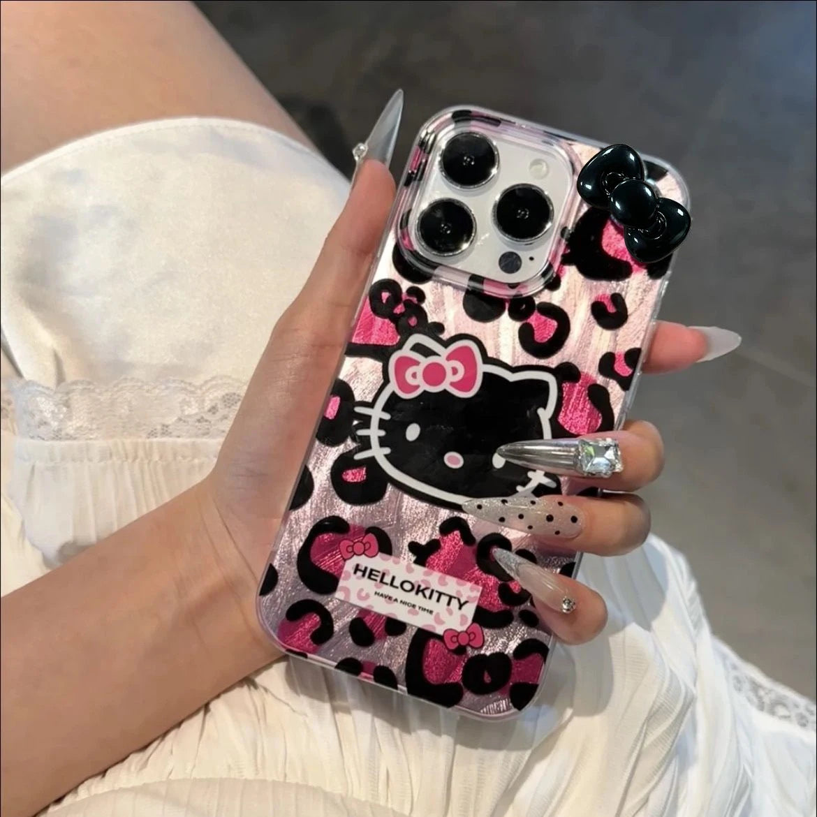 Lusy Store Pink Leopard Print HelloKitty Bow Mobile Phone Case For iPhone 15 14 13 12 11 Pro Max XR XS 7 8 Plus Silicone Laser Covers Y2K 