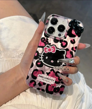 Lusy Store Pink Leopard Print HelloKitty Bow Mobile Phone Case For iPhone 15 14 13 12 11 Pro Max XR XS 7 8 Plus Silicone Laser Covers Y2K 