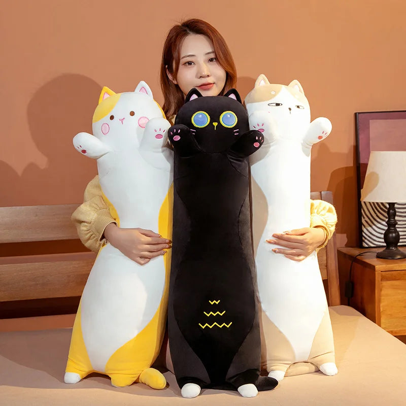 Lusy Store LLC Long Giant Cats Plush Toy Cylidrical Animal Bolster Pillow Cat Stuffed Plushie Children Sleeping Friend Gift Plush