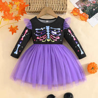 1-5Y Toddler Girls Halloween Dresses For Kids Long Sleeve Allover Bat Printed Party Dresses Children Baby Halloween Costumes Purple Skull
