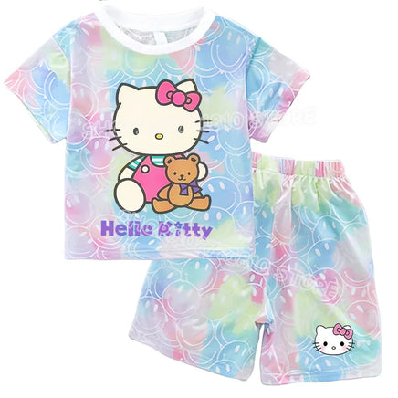 Hello Kitty Sets Summer Breathable Soft Children Clothes Baby Girls Cute Cartoon Short Sleeve Thin Two Piece Suit Gift KT915Y-KT906K