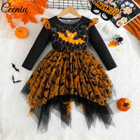 1-5Y Toddler Girls Halloween Dresses For Kids Long Sleeve Allover Bat Printed Party Dresses Children Baby Halloween Costumes