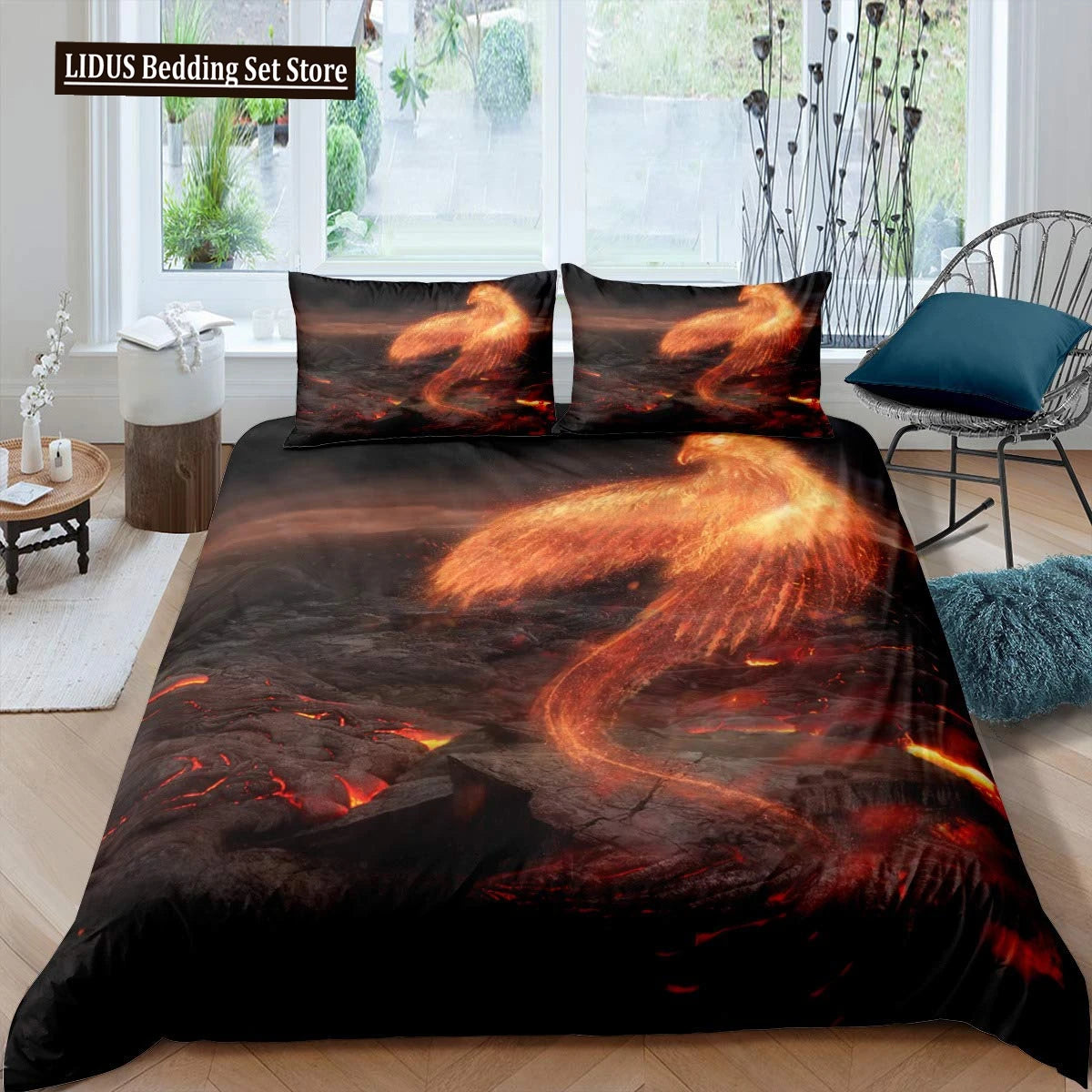 Dragon And Phoenix Duvet Cover Set Full Queen Size, Fantasy World Monster Gothic Bedding Sets Bohemian Mandala Comforter Cover Lusy Store