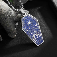 Retro Bat Coffin Castle Badge Stainless Steel Pendant Necklace for Men and Women Punk Halloween Jewelry Gift AL21412-Blue