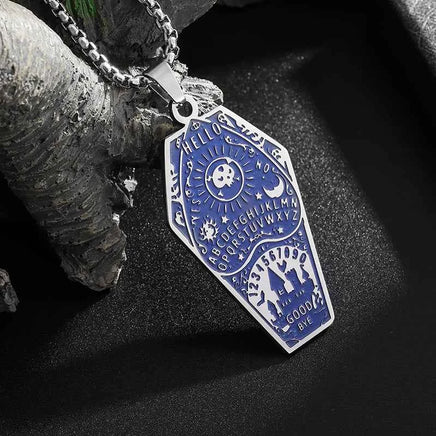 Retro Bat Coffin Castle Badge Stainless Steel Pendant Necklace for Men and Women Punk Halloween Jewelry Gift AL21412-Blue