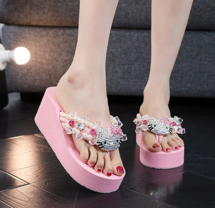 Hello Kitty Sanrio Soft Flip Flop Sandals Y2k Beach Slides Shoes Women Casual Wedge High Heels Platform For Slippers Ladies Gift pink