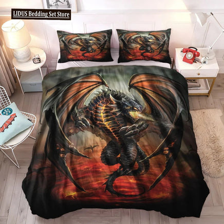 Dragon And Phoenix Duvet Cover Set Full Queen Size, Fantasy World Monster Gothic Bedding Sets Bohemian Mandala Comforter Cover