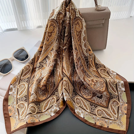 Lusy Store 27.56&quot; Paisley Print Small Square Scarf Simulated Silk Thin Neck Scarf Mature Style Sunscreen Headscarf For Women 