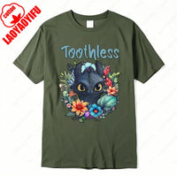 How To Train Your Dragon Toothless Floral Cotton T-Shirt Fashion Cartoon Anime Graphic Tshirt Funny Kawaii Men Woman Casual Tee Wu-army green-08