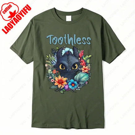 How To Train Your Dragon Toothless Floral Cotton T-Shirt Fashion Cartoon Anime Graphic Tshirt Funny Kawaii Men Woman Casual Tee Wu-army green-08