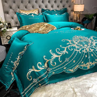 Egyptian Cotton Bedding Set Golden Embroidery Home Textiles Super Soft Bed Duvet Sheet Set King Queen Size Chic Stitch Linen 이불 Lusy Store