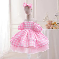 Movie Pink Party Cospaly Costume for Girl Bow Plaid Princess Ball Gown Role Up Birthday Dresses for Girls Tutu Halloween Costume