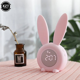 Mini Cartoon LED Digital Alarm Clock Electronic LED Display Sound Control Cute Rabbit Night Lamp Desk Rechargeable Clock