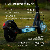 G5.0 Foldable Electric Scooter – 21 Miles Long Range, 19 Mph, 36V 10.5Ah Battery, 350W Motor