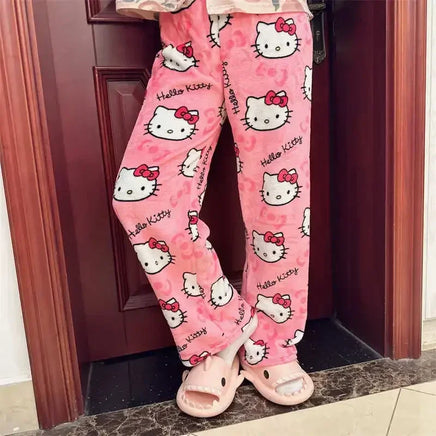 Hello Kitty Pajama Pants Fleece Double Elastic Fabric Soft Trousers Women Trousers Cartoon Birthday Gift