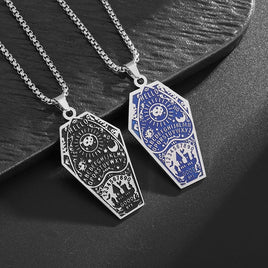 Retro Bat Coffin Castle Badge Stainless Steel Pendant Necklace for Men and Women Punk Halloween Jewelry Gift