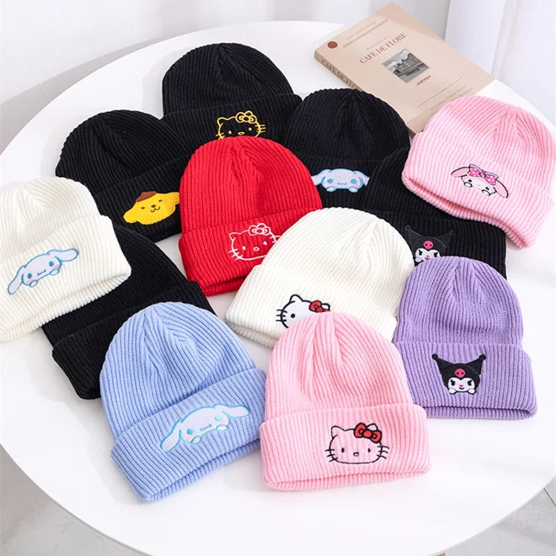 Lusy Store LLC Hello Kitty Beanie Hat Women Cute Cartoon Cinnamoroll Melody Kuromi Winter Knitted Cap Hat