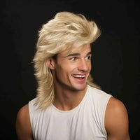 Synthetic Long Blonde Mullet Wig Machine Made for Men 70s 80s Costume Fancy Party Curly Punk Rocker Halloween Costumes Male Use