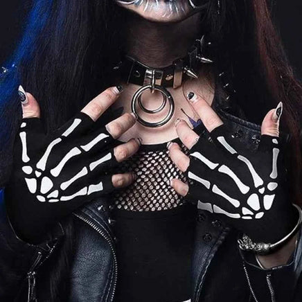 New Adult Cosplay Halloween Skeleton Skull Half Finger Punk Gloves Glow in the Dark Fingerless Stretch Knitted Winter Mittens
