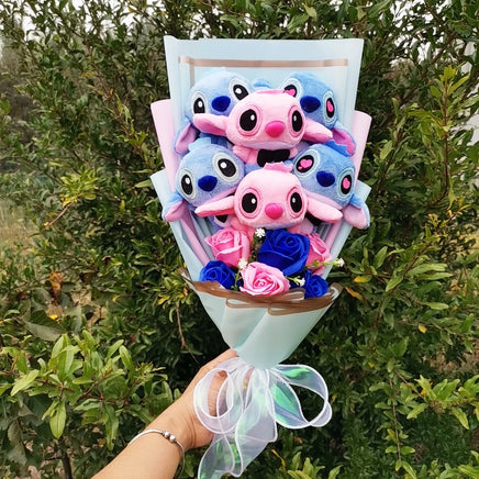 Lusy Store LLC Lilo Stitch Plush Bouquet With Soap Rose Flower Anime Stuffed Animals Gift Bouquet