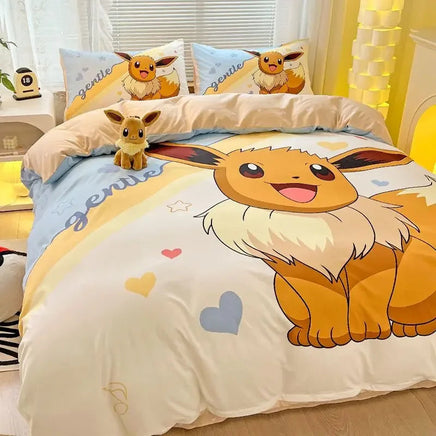Pokemon Series Eevee Dragon 100% Cotton 4-piece set, Children's Cartoon 3-piece set of Sheet Pillowcase Quilt Cover Lusy Store