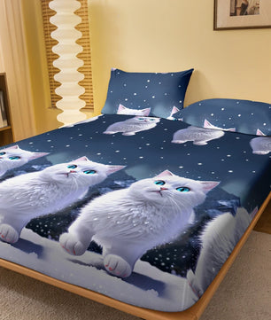 Lusy Store 1 piece of blue eyed white cat patterned matte bedsheet, bedroom printed bedspread, bedding (excluding pillowcases) 