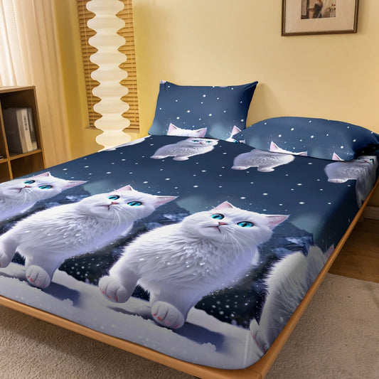 Lusy Store 1 piece of blue eyed white cat patterned matte bedsheet, bedroom printed bedspread, bedding (excluding pillowcases) 