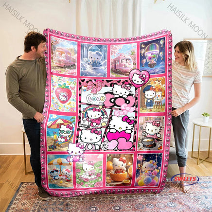 Multi-grid Sanrio Hello Kitty in Flowers Blanket, Home Office Nap RV Blanket for Four Seasons, Machine Washable Flannel Blankets Style I