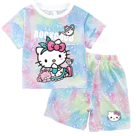 Hello Kitty Sets Summer Breathable Soft Children Clothes Baby Girls Cute Cartoon Short Sleeve Thin Two Piece Suit Gift